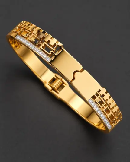 Golden Geometric Link Bracelet with Crystal Accent